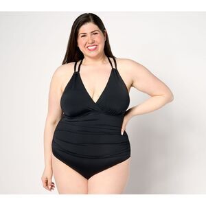 Turbie Twist Women's Swimsuit Sz 14 Surplice Neck Strappy Back Black A642646